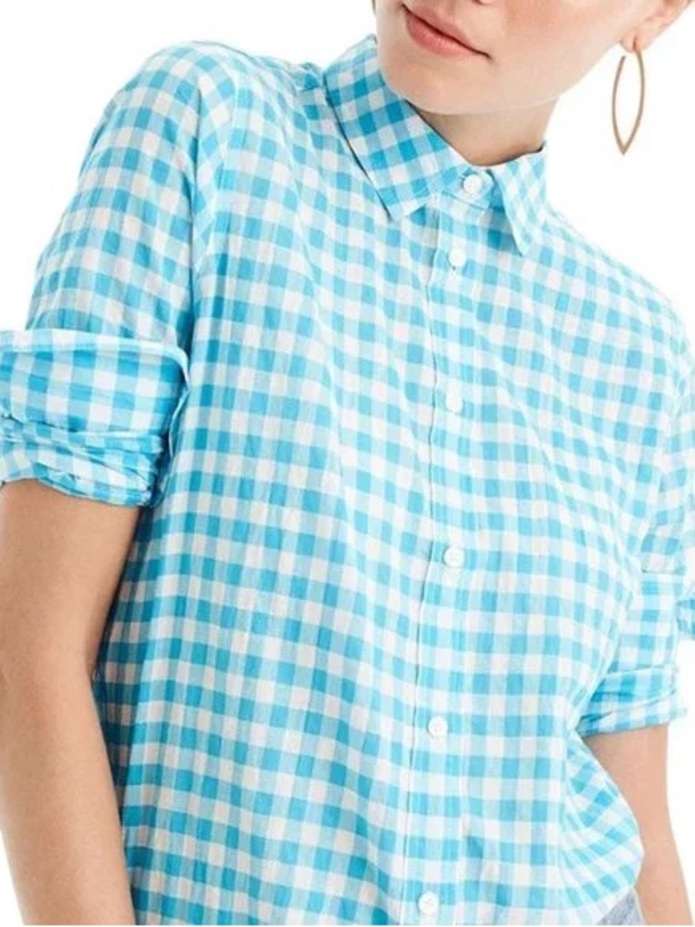J. Crew Teal and White Gingham "Boy" Shirt 00P